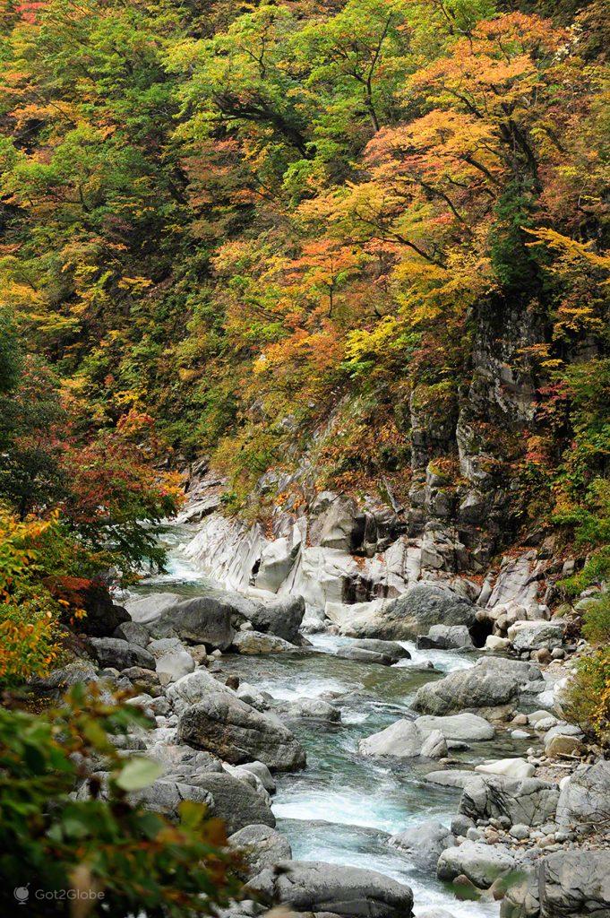 Rio de Outono, Shirakawa-go, Ogimachi, Japao, Aldeia das Casas em Gassho