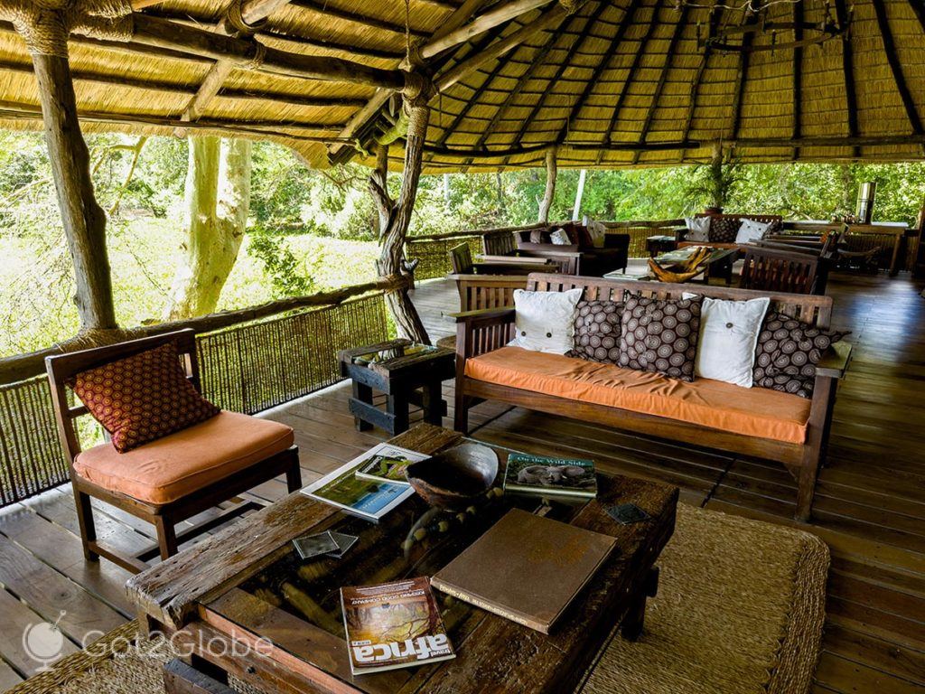 Sala de convívio do Mvuu Lodge, PN Liwonde