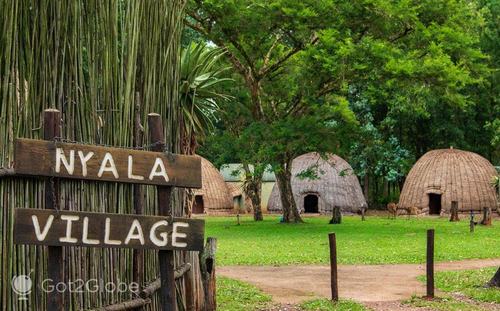 Uma das secções de alojamento em cabanas tradicionais colmeia do Santuário de Vida Selvagem Mlilwane